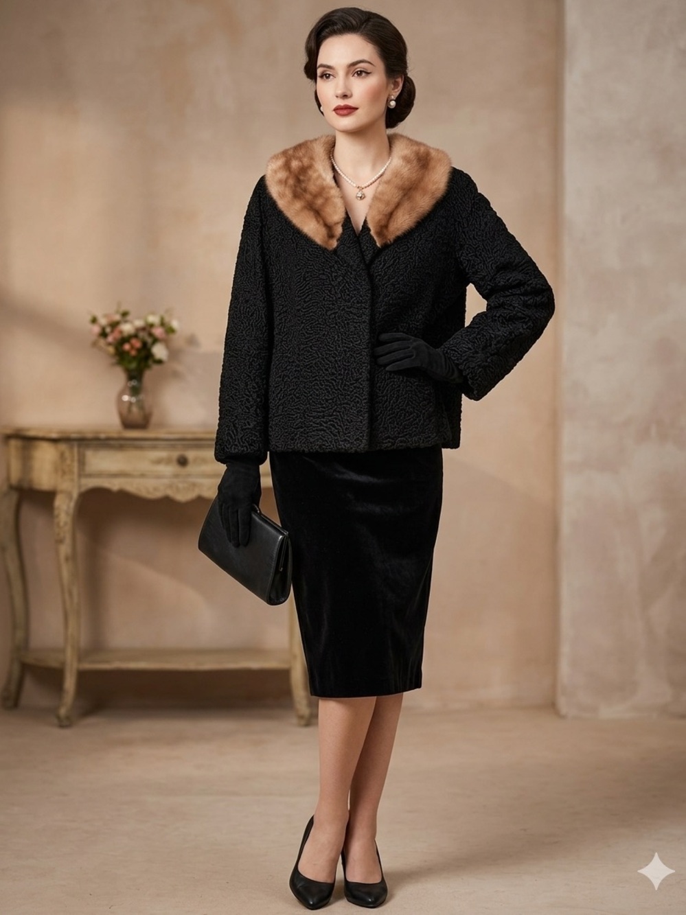 Vintage Dittrich Furs Detroit Persian Lamb & Mink Fur Jacket Coat Black M 50s 60